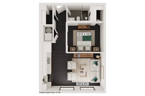 Floor plan for 1 bed, 1 bath, 564 sqft